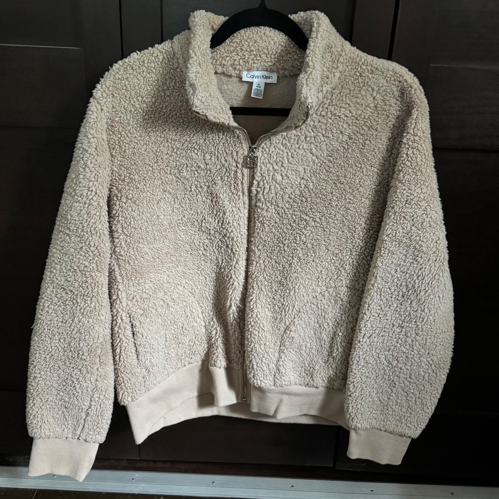 Calvin Klein Womens Tan Sherpa Fleece Full Zip Teddy Jacket Size M